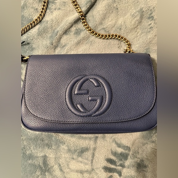 100% Authentic Gucci Pebbled Calfskin Medium Soho Flap Crossbody Periwinkle - Picture 6 of 13